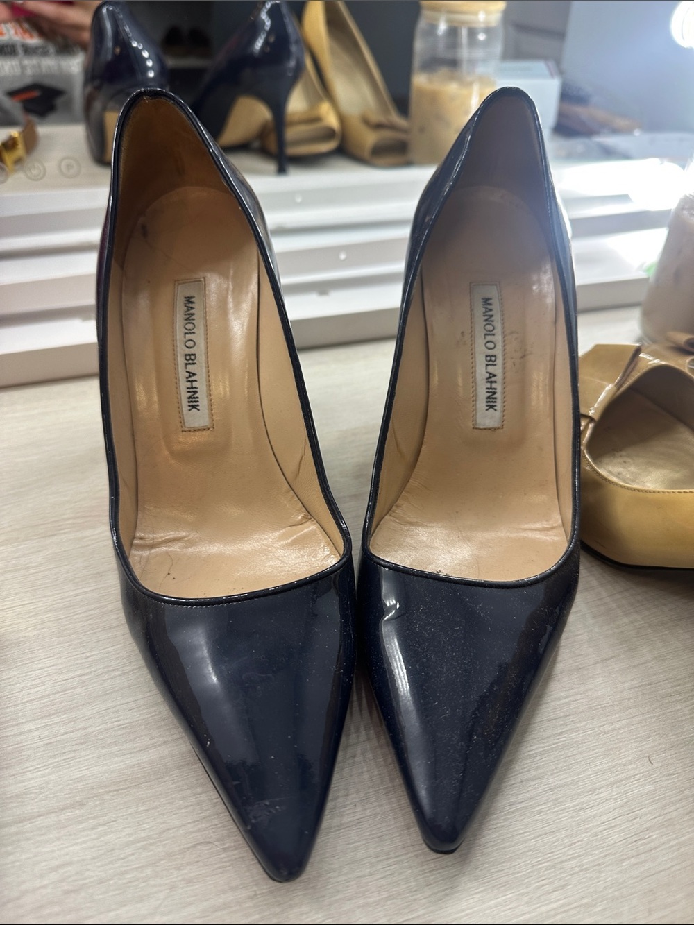Manolo Blahnik Navy Patent Pointed-Toe Pumps